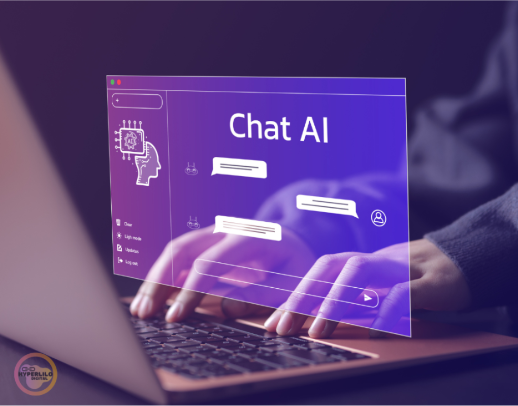 "Chat AI" interface glows over hands typing on a laptop.